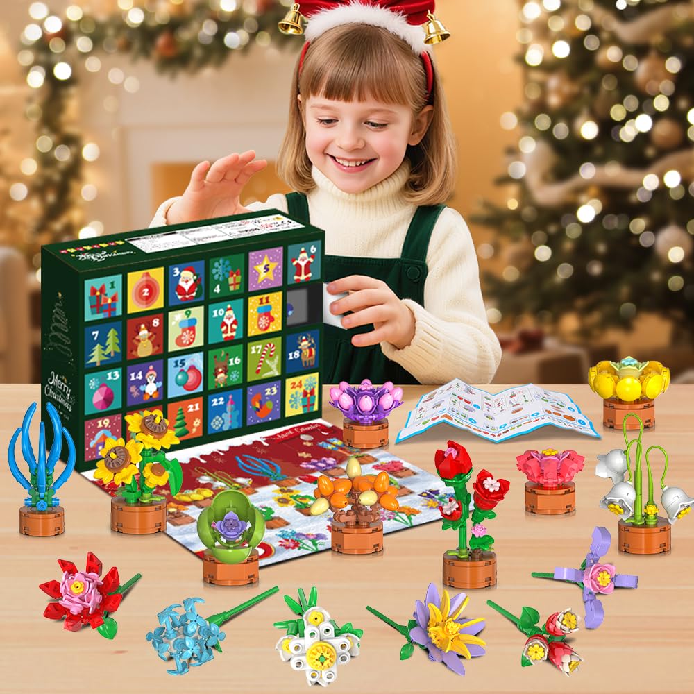 HOGOKIDS Adventskalender 2025 Blumen 3.6 Mini Bausatz - 24 Tage Weihnachten Countdown Sukkulenten Botanische Bauspielzeug, Adventskalender Bausteine Geschenk für Erwachsene Kinder Jungen Mädchen 6+