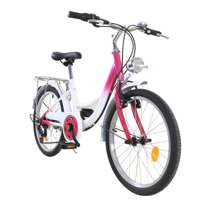 Fetcoi Kinderfahrrad,20 Zoll 6 Gang Kinder Fahrrad Jungen MäDchen Fahrrad Bike Bicycle Mit Lampe(Rosa + Weiß)