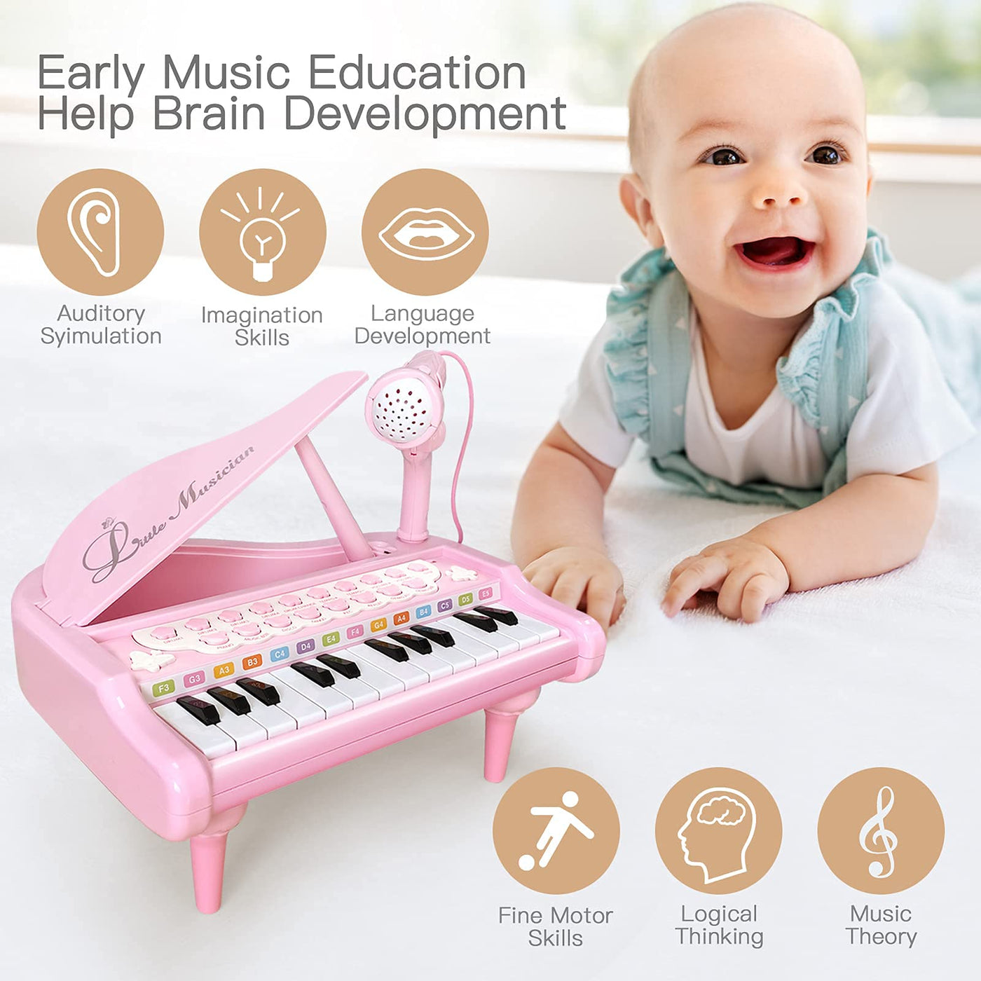 Love&Mini Rosa Klavierspielzeug für Mädchen ab 1 2 3 4 5 Jahr Erster Geburtstag Geschenke Kleinkind Klaviermusik Spielzeuginstrumente mit 24 Tasten und Mikrofon
