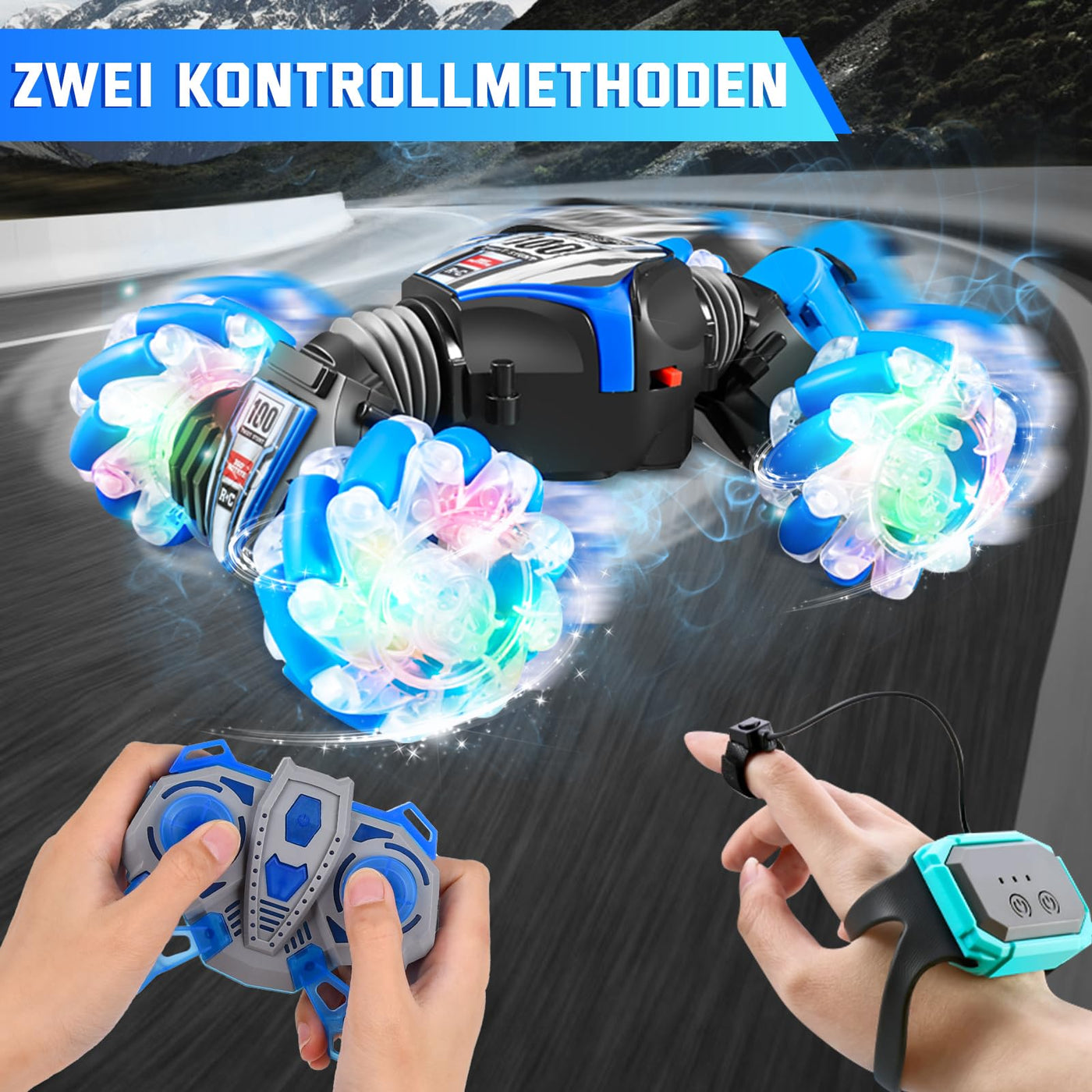 Herenear Ferngesteuertes Auto mit Handsteuerung, 4WD 2.4GHz RC Stunt Car mit Licht und Sprühen, 360° Drehung Crawler Fahrzeug, Doppelseitige Rotierende Off Road RC Twist Car für Kinder (Blau)