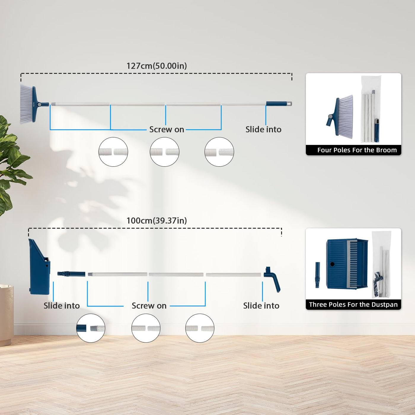 SDARISB Besen und Kehrschaufel Set mit 127cm Langem Griff Aufrechter Schaufel und Besen Set 180 Grad Drehbar Kehrmaschine und Kehrschaufel Combo für Haus Küche Büro Lobby Terrasse