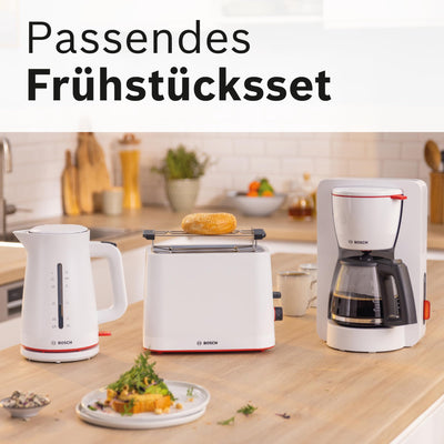 Bosch kabelloser Wasserkocher MyMoment TWK3M121, Abschaltautomatik, Überhitzungsschutz, Tassenanzeige, beidseitige Wasserstandsanzeige, entnehmbarer Kalkfilter, 1,7 L, 2400 W, Weiß matt