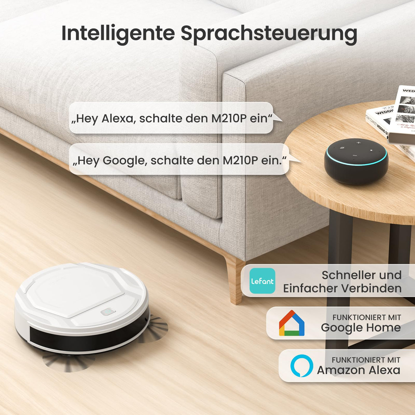 LEFANT Saugroboter mit Fernbedienung, 2200Pa Staubsauger Roboter, 120Mins Max, WLAN Roboterstaubsauger, Selbstaufladend, App/Alexa, Ideal für Tierhaare, Teppich, Hartboden 210P Weiß