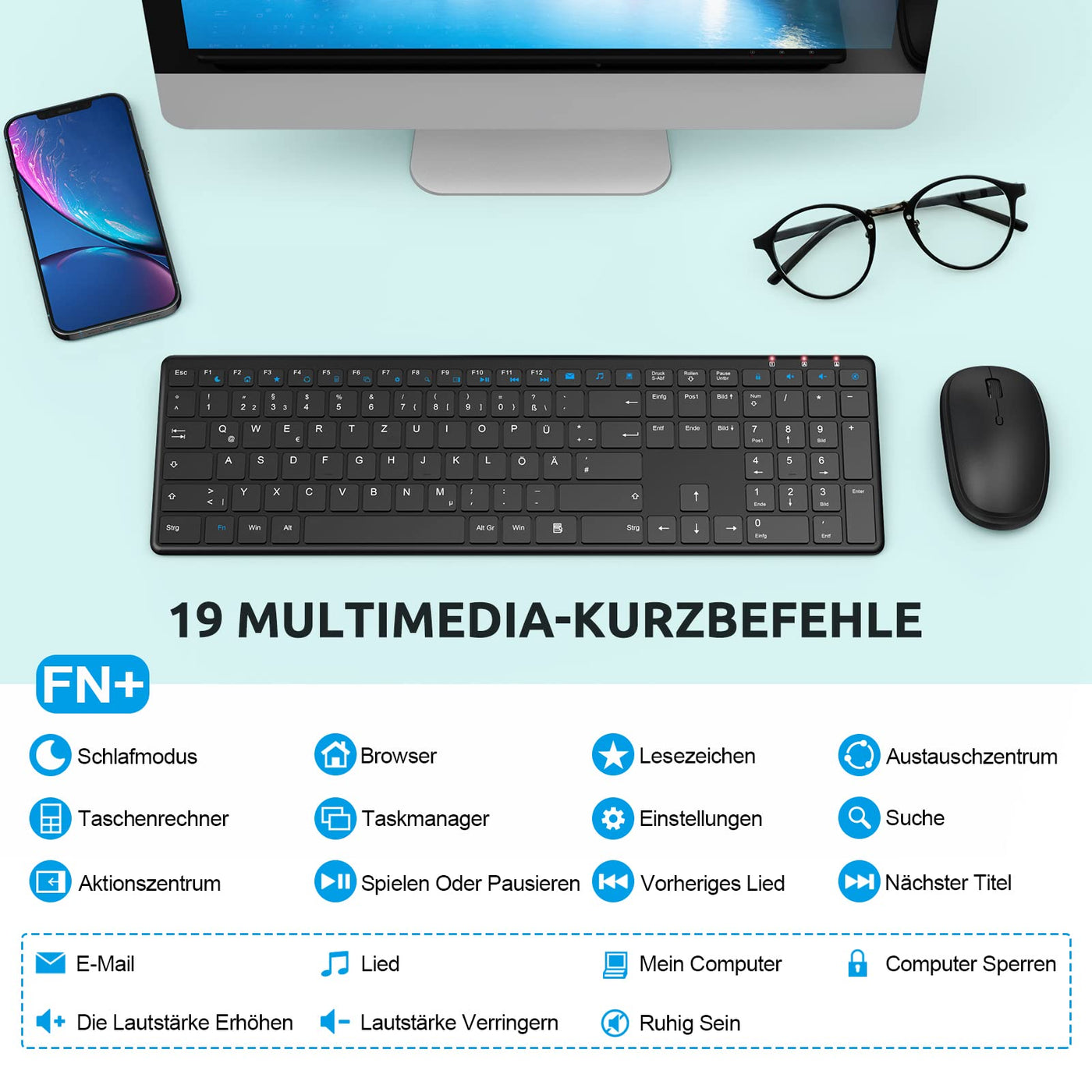 Tastatur Maus Set Kabellos, QCen 2,4GHz UltraDünn Kabellose Tastatur und Maus, Ergonomisch Funktastatur in Standardgröße mit 19 Sondertasten und einen Nummernblock, für PC, Laptop, Deutsches Layout