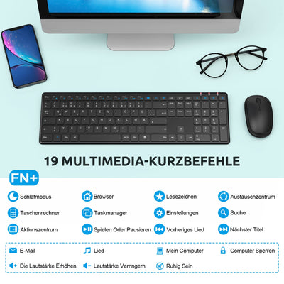 Tastatur Maus Set Kabellos, QCen 2,4GHz UltraDünn Kabellose Tastatur und Maus, Ergonomisch Funktastatur in Standardgröße mit 19 Sondertasten und einen Nummernblock, für PC, Laptop, Deutsches Layout