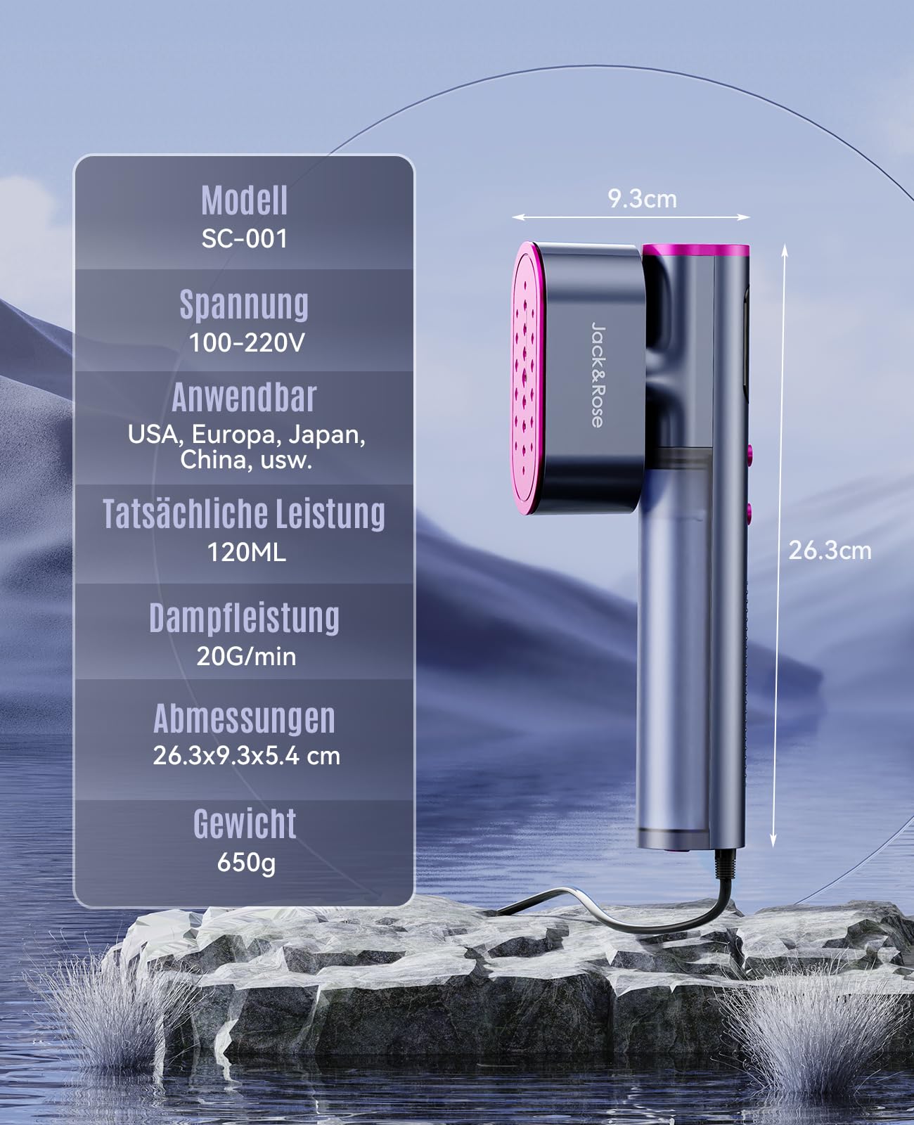 Reise Dampfglätter mit weltweiter Spannung(100-240V), Tragbare Steamer für Kleidung, 2-in-1 Reisebügeleisen 1000W Steam iron, 15s schnelles Aufheizen Steamer dampfglätter für Globale Reisen & Zuhause