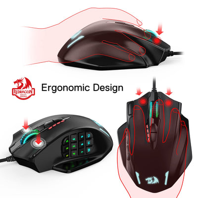Redragon M908 Impact RGB LED MMO Maus mit Seitentasten, optische kabelgebundene Gaming-Maus mit 12.400DPI, hohe Präzision, 20 programmierbare Maustasten