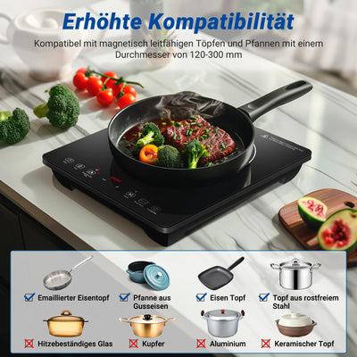 AMZCHEF Einzel Induktionskochplatte, 3500W Induktionskochfeld 1 Platte mit Doppelter Ring, 9 Leistungs- und Temperaturstufen, Sicherheitssperre, Pausenfunktion, Zeitschaltuhr, Überhitzungsschutz