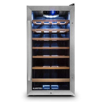 Klarstein Vivo Wine 26 Wine Cellar - Beverage cooler, 26 bottles, 88 L, LED, temperature control, Interchangeable hinge, Door on both sides, stainless steel, Silver