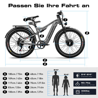 Shengmilo S600 2 * 1OOOW Dual Motor Aluminium Rahmen E-Bike, Drehmoment 80N.M×2,26Zoll,3.0 Fat Tire Elektrofahrrad, 840WH Akku mit abnehmbarem Li-Ion Akku und 7 Gangschaltung Herren Damen e Bike