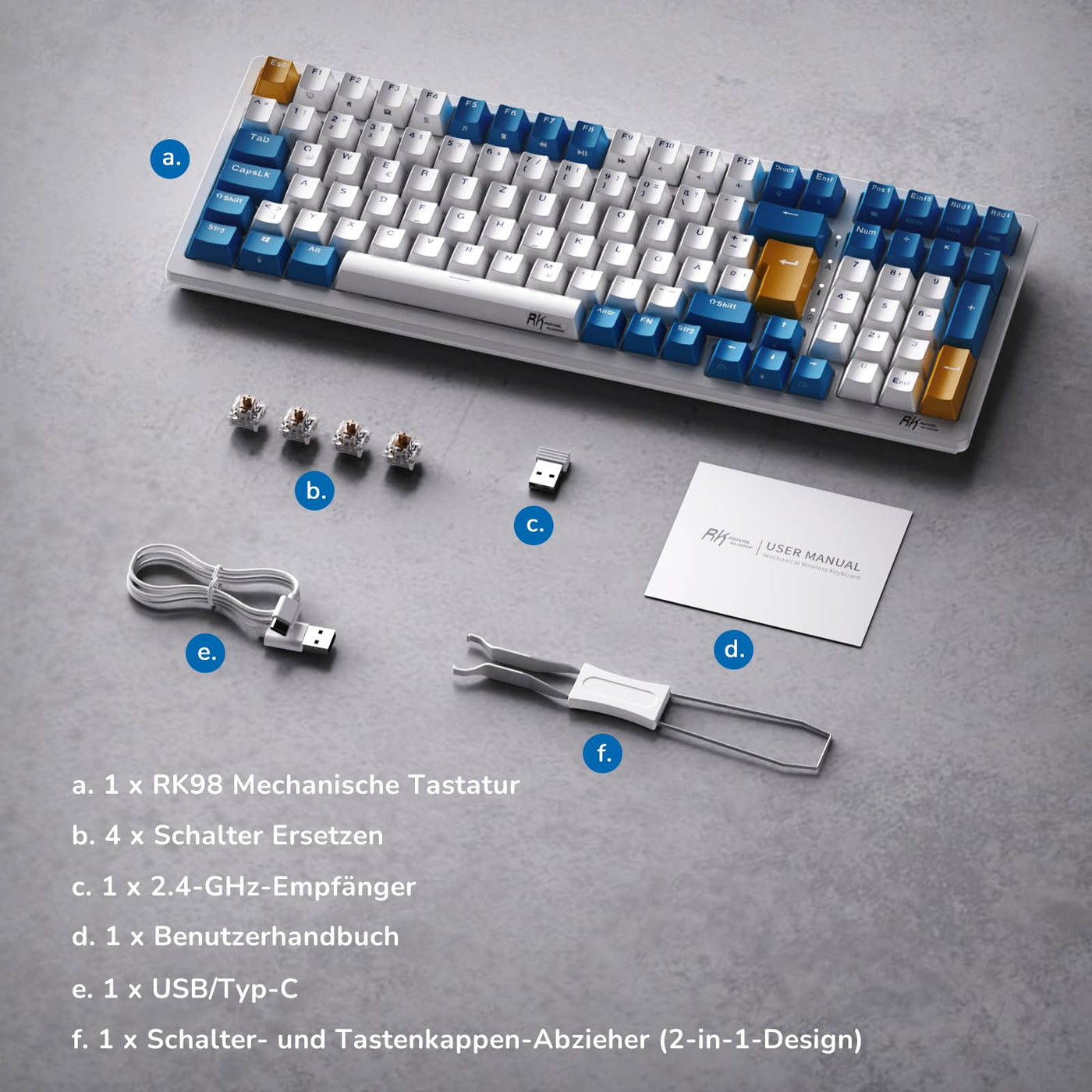 RK ROYAL KLUDGE RK98 Mechanische Tastatur Kabellose Gaming Tastatur 2.4G/Bluetooth 5.1/USB-C RGB Hinterleuchtet Deutsches Layout QWERTZ 100 Tasten Hot Swappable Braune Schalter, Weiß