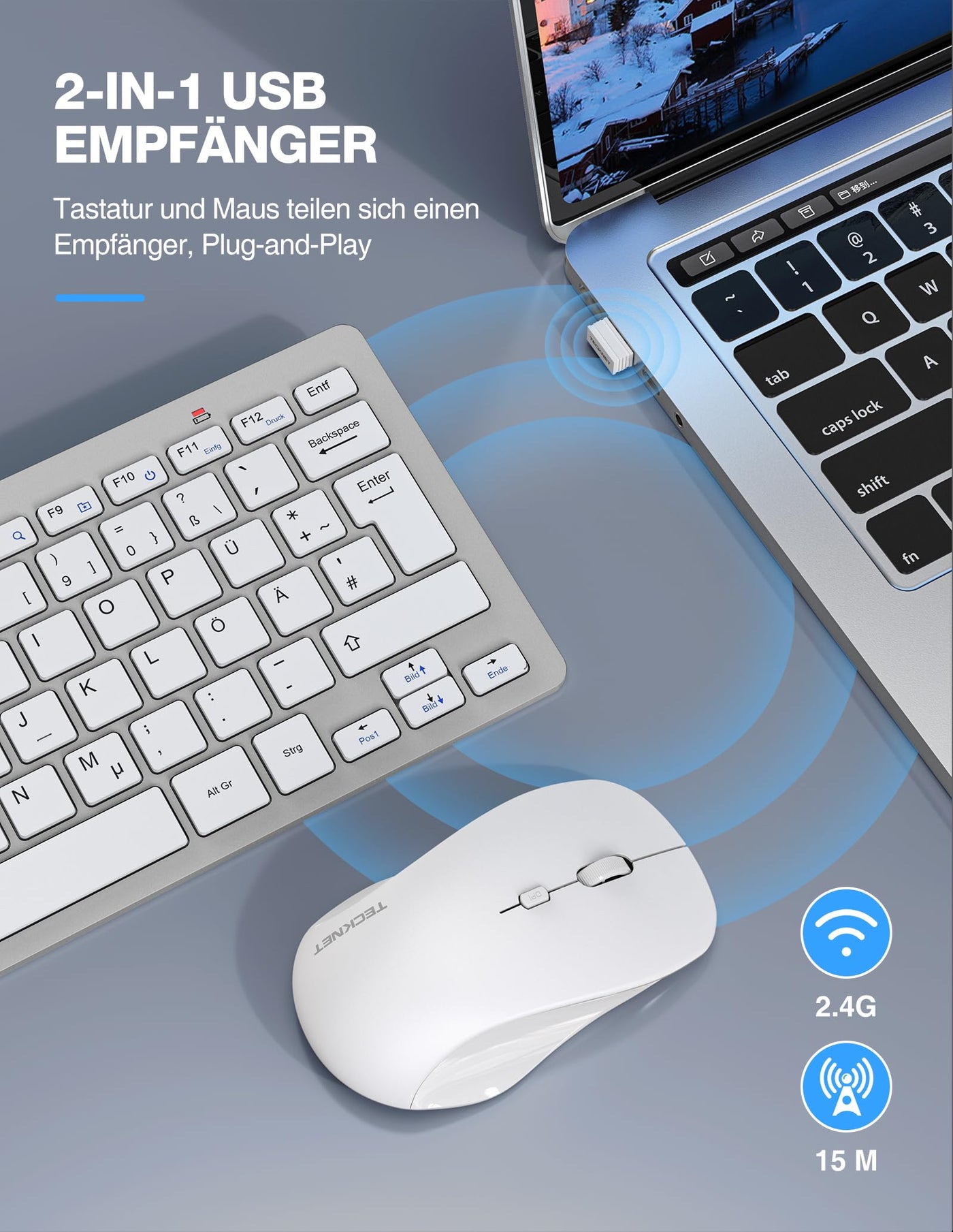TECKNET Kabelloses Tastatur Maus Set, Deutsch QWERTZ Layout, 2.4 GHz Funk Mini Tastatur Mouse, 15m Reichweite Verbindung, Wireless Leise Funktastatur mit Maus für PC, Laptop, Smart TV, Silber
