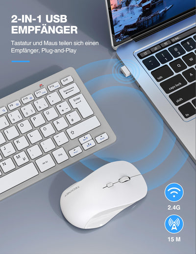 TECKNET Kabelloses Tastatur Maus Set, Deutsch QWERTZ Layout, 2.4 GHz Funk Mini Tastatur Mouse, 15m Reichweite Verbindung, Wireless Leise Funktastatur mit Maus für PC, Laptop, Smart TV, Silber