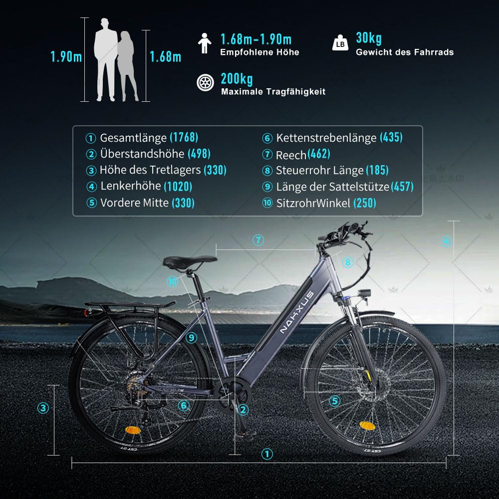 nakxus 26M208 E-Bike, Elektrofahrrad 26'' Trekkingrad E-Cityrad mit 36V 13Ah Lithium-Akku für Lange Reichweite bis 100KM, 250W Motor, EU-konformes Klapprad mit App