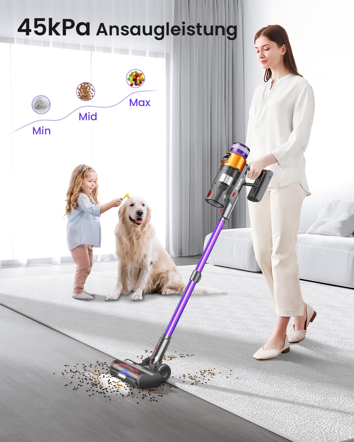 Bulelink Akku Staubsauger 45KPA/550W/70Mins, Staubsauger Kabellos mit OLED Smart Screen und Kombination von Weichen und Harten Borsten Bodenbürste, Wandmontage Wiederaufladbare 1.8L Akkustaubsauger