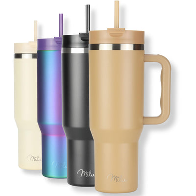 Milu Thermobecher 1200ml mit Strohhalm und Henkel – 48h Eis/24h kalt/12h heiß Edelstahl Tumbler 40oz mit Griff - Isolierbecher to go - Isolierflasche Trinkflasche doppelwandig isoliert (Braun, 1,2L)