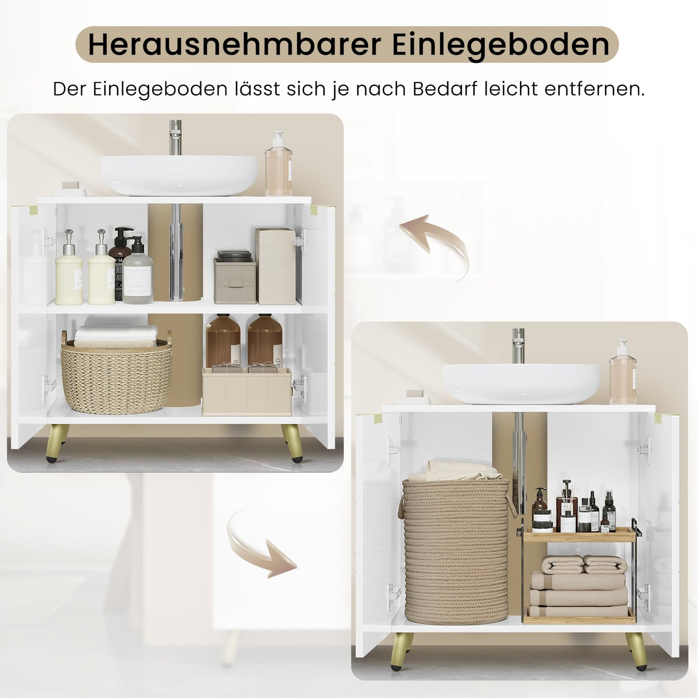 EUGAD Waschbeckenunterschrank, Unterschrank, Waschtischunterschrank, Badezimmerschrank, Badschrank, weiß Hochglanz, mit 2 Türen, Beinen, verstellbare Ablage, freistehend, 60x60x30 cm