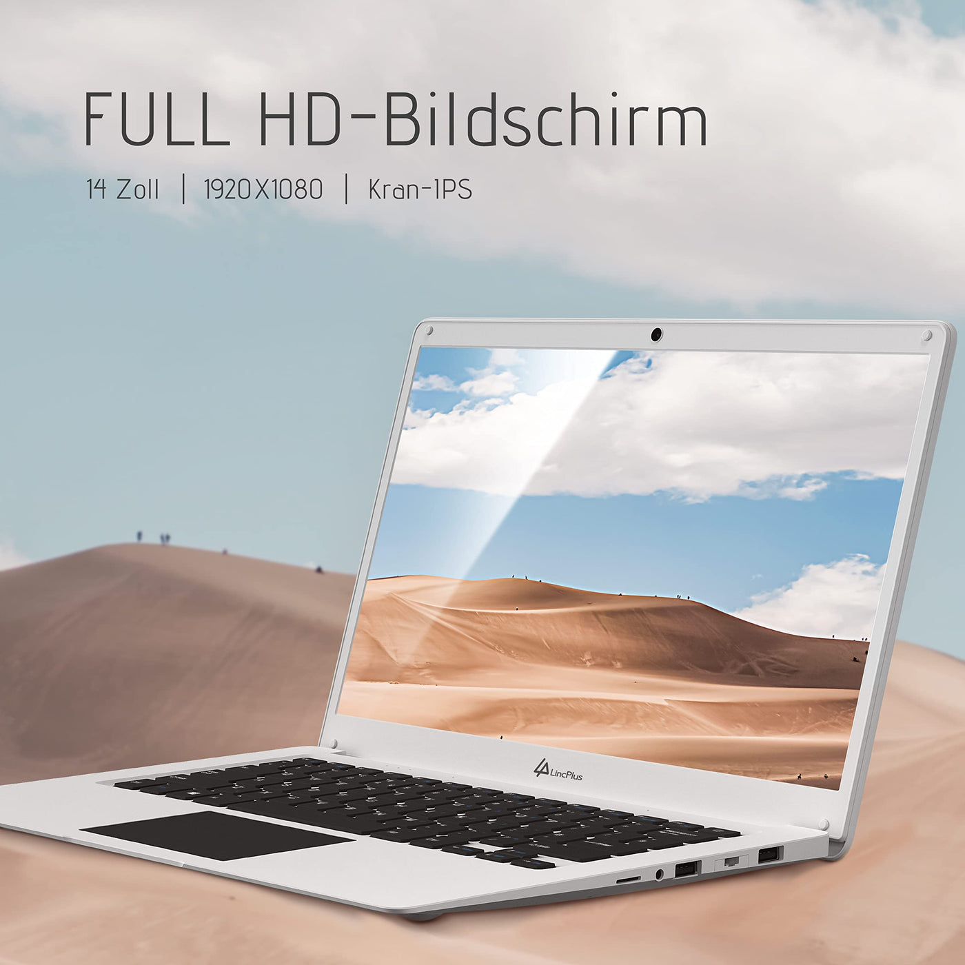 LincPlus Laptop Notebook 14 Zoll Full HD 4GB RAM + 128GB Netbook mit QWERTZ Tastaturlayout für Home/Office, Windows 10 S