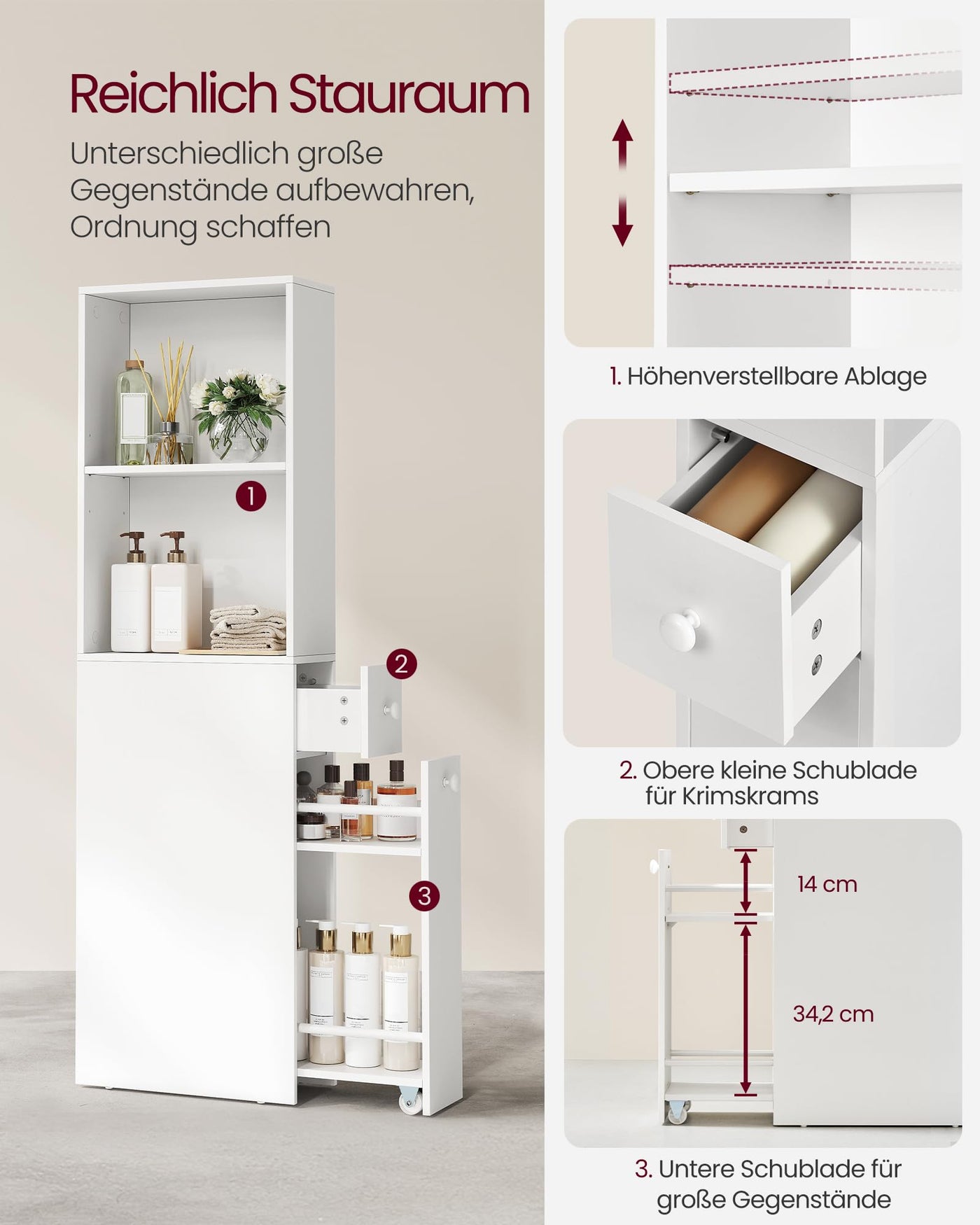 VASAGLE Badezimmschrank hoch, Hochschrank, Badschrank schmal, freistehend, mit Schubladen und höhenverstellbarer Ablage, für kleine Räume, modern, klassikweiß BBK567T14