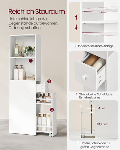 VASAGLE Badezimmschrank hoch, Hochschrank, Badschrank schmal, freistehend, mit Schubladen und höhenverstellbarer Ablage, für kleine Räume, modern, klassikweiß BBK567T14