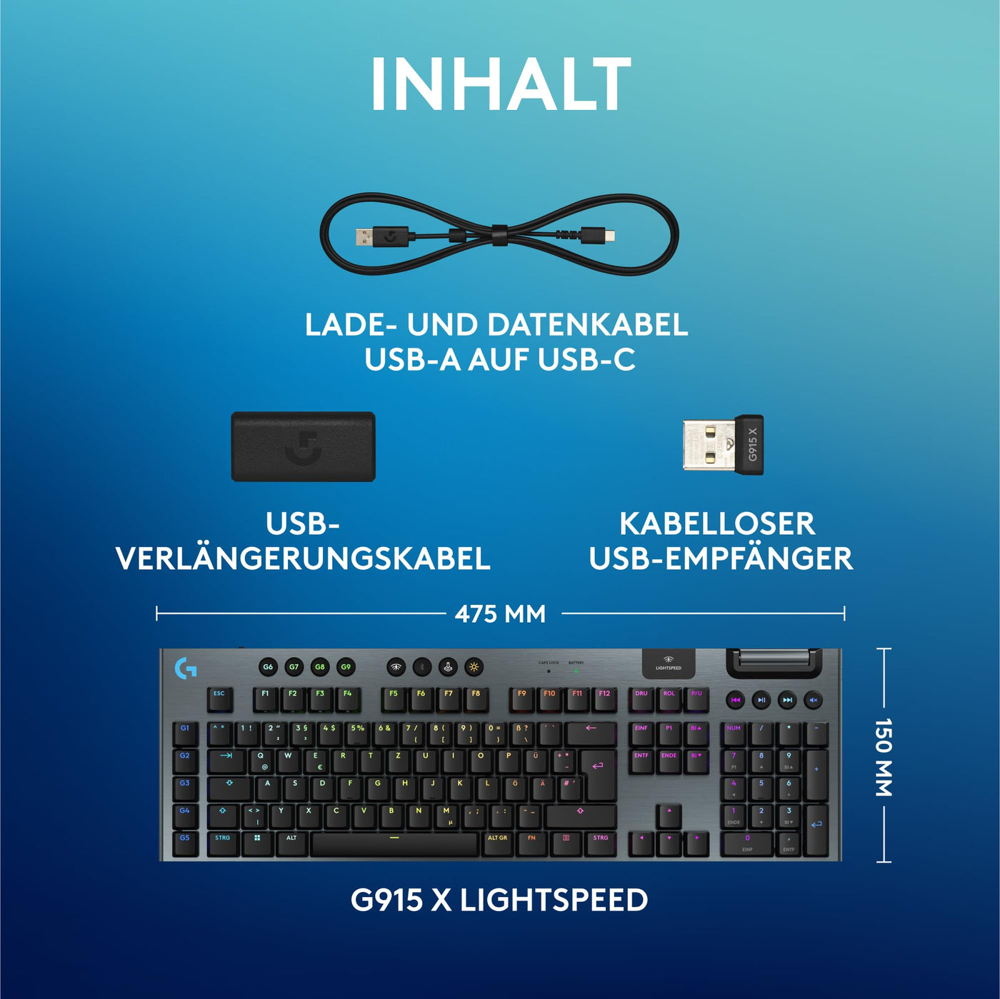 Logitech G G915 X LIGHTSPEED TKL – flache kabellose Gaming-Tastatur mit Double-Shot-PBT-Tastenkappen, RGB-Hintergrundbeleuchtung, roten linearen GL-Switches für PC/Mac, DEU QWERTZ-Layout - Schwarz