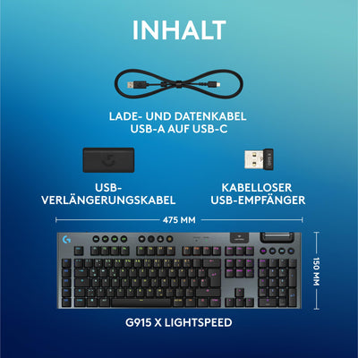 Logitech G G915 X LIGHTSPEED TKL – flache kabellose Gaming-Tastatur mit Double-Shot-PBT-Tastenkappen, RGB-Hintergrundbeleuchtung, roten linearen GL-Switches für PC/Mac, DEU QWERTZ-Layout - Schwarz