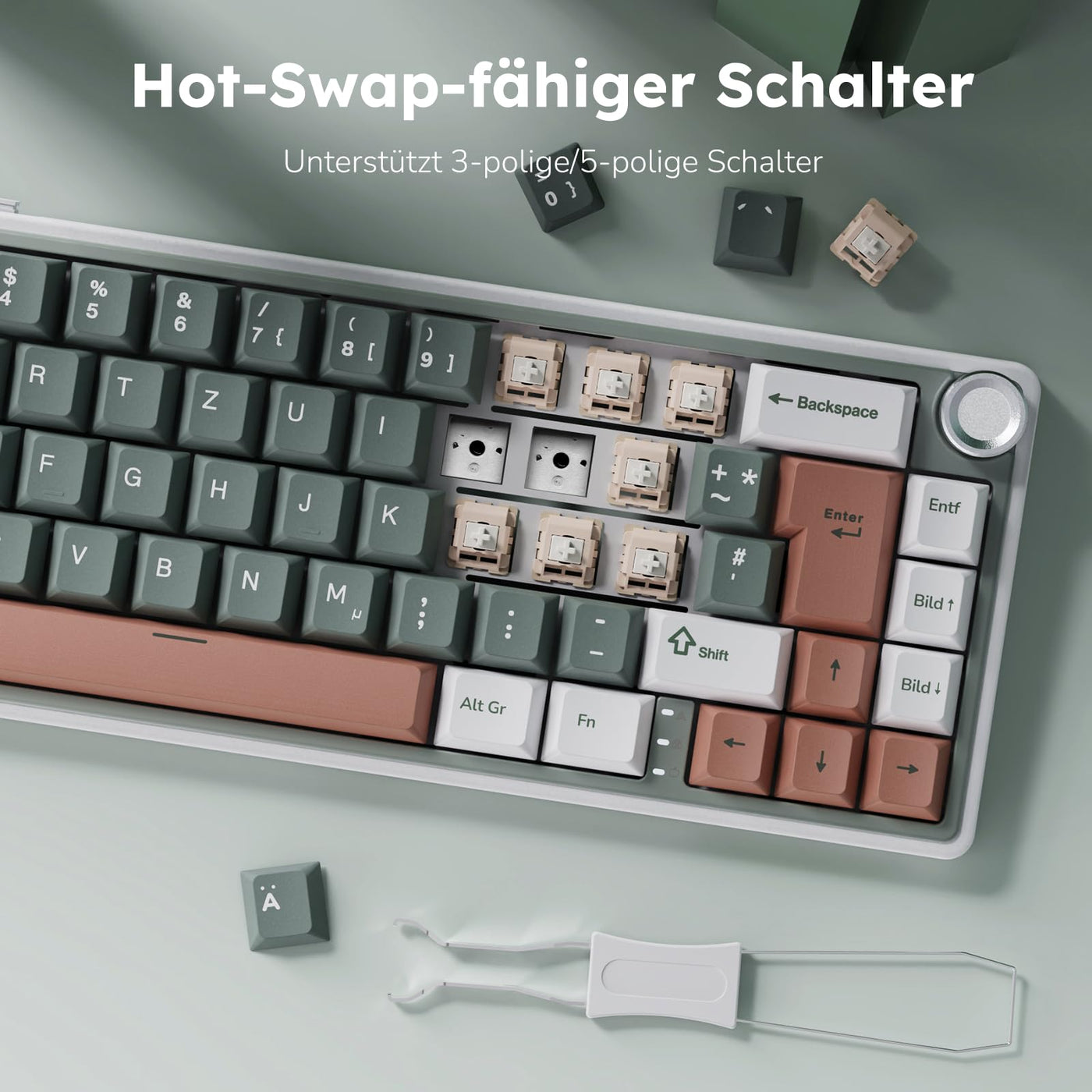 RK ROYAL KLUDGE R65 Gaming Tastatur 60 Prozent mit Knopf, Gasket Mechanische Tastatur Kabellos Bluetooth/2.4G/USB-C RGB PBT Tastenkappen QWERTZ QMK/VIA, Hot Swap Linearer Creamy Switches