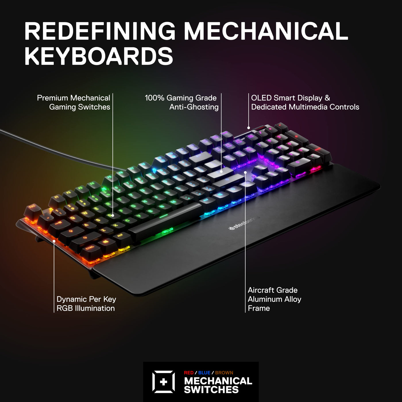 SteelSeries Apex 7 - Mechanische Gaming-Tastatur – OLED Smart Display – Rot Schalter – Deutsches (QWERTZ) Layout - Standard