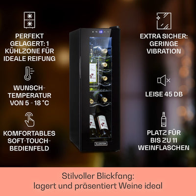Klarstein Weinkühlschrank, 1 Zonen Getränkekühlschrank Klein, Kleiner Weinschrank 32L, Wein-Kühlschrank Klein mit Glastür, Indoor/Outdoor Flaschenkühlschrank, Wine Fridge 5-18°C, 12 Flaschen