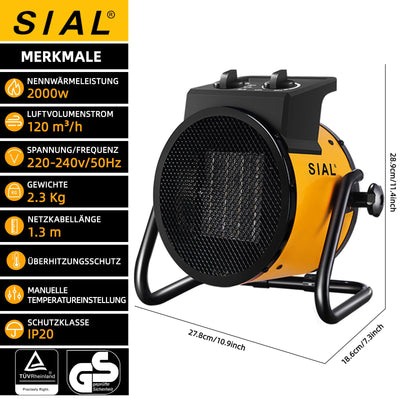 SIAL 2000 W Heizlüfter - Elektroheizer - Keramik Heizstrahler - Bauheizer Bautrockner - Heizgerät mit Überhitzungsschutz - Für Baustellen, Häuser, Werkstätten, Garagen - P2 - Gelb