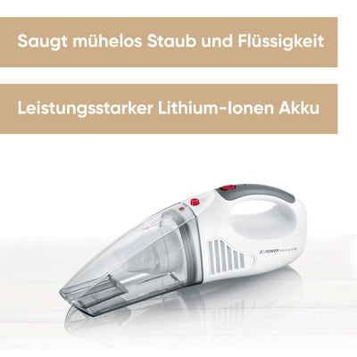 SEVERIN 3-in-1 Akku Handstaubsauger S'POWER home & car, kabelloser Nass- & Trockensauger mit 7,4V Li-Ionen Akku, Autostaubsauger inkl. 12V-Ladekabel, weiß/rot, HV 7144