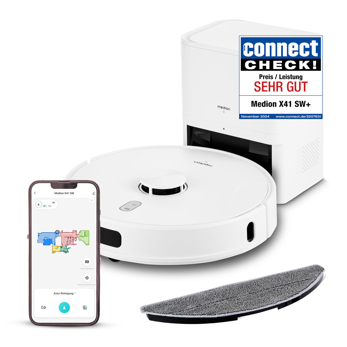 MEDION Saugroboter mit Absaugstation, Lasernavigation und Wischfunktion X41 SW+ (Starke 8000Pa Saugkraft, 2in1 Roboterstaubsauger, präzise Kartenerstellung, Go & No Go Bereiche, mehrere Etagen)