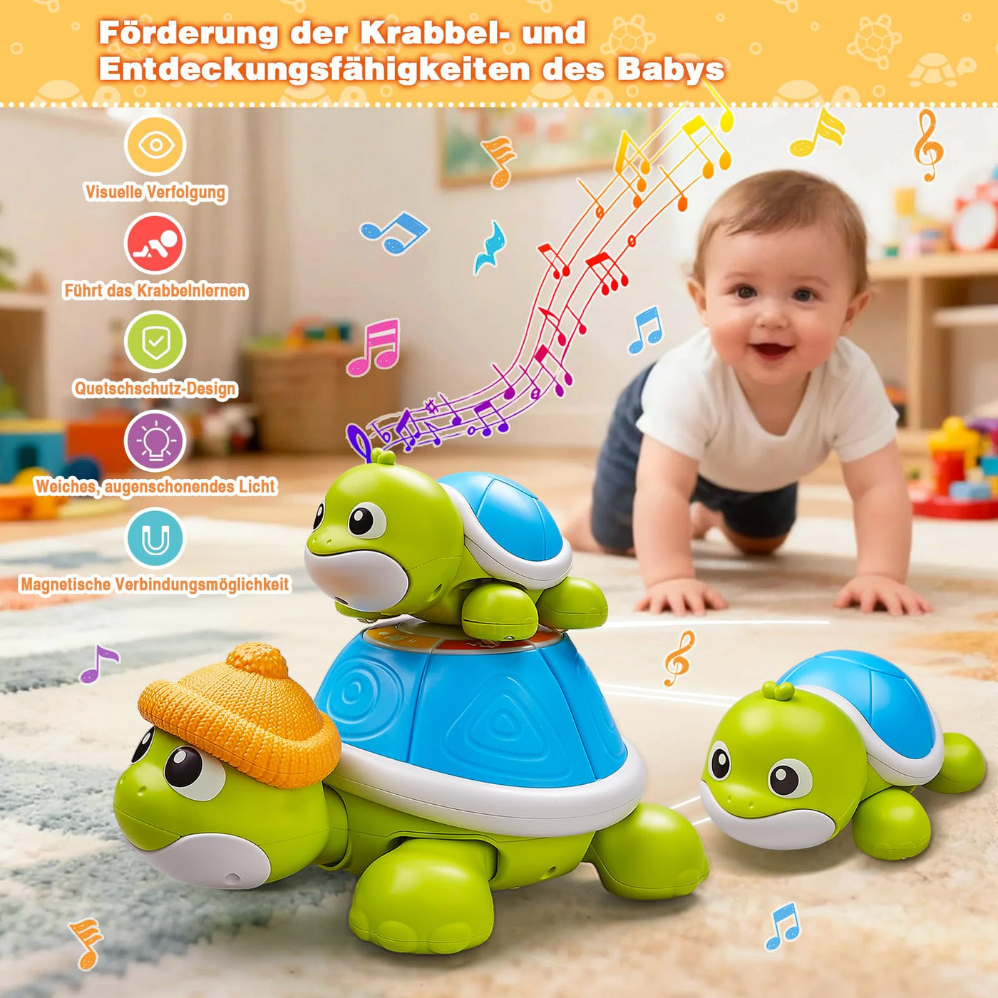 Baby Krabbel Spielzeug ab 3 6 9 Monate, 3 PCS Schildkröten Krabbelspielzeug mit Licht und Musik, Frühkindliches Lernspielzeug, Tummy Time Baby Toys, Neugeborenes Spielzeug Geschenk