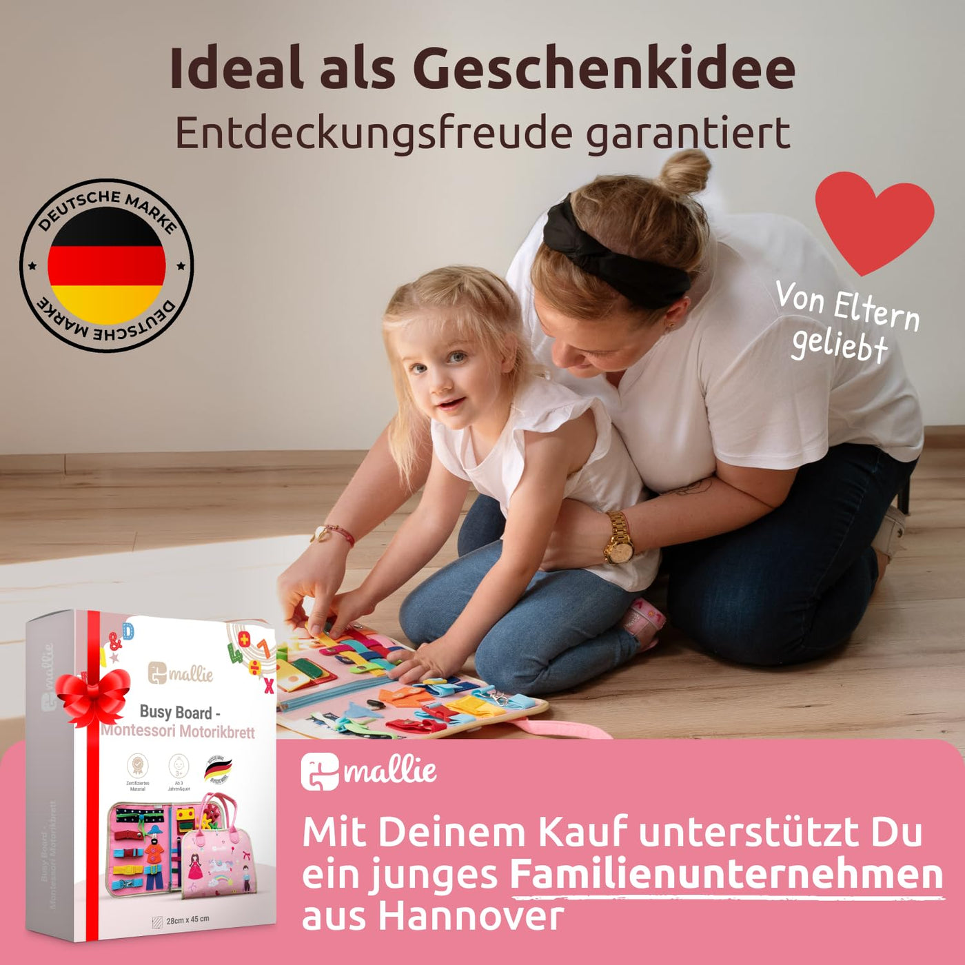 Mallie® Busy Board Deutsch inkl. Gratis Reisetasche & Montessori Buch und Perfekt für Reisen im Auto, Zug oder Flugzeug I100% BPA-Frei als Quiet Book & Busy Book I Activity Board Busy Book
