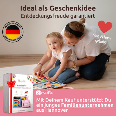 Mallie® Busy Board Deutsch inkl. Gratis Reisetasche & Montessori Buch und Perfekt für Reisen im Auto, Zug oder Flugzeug I100% BPA-Frei als Quiet Book & Busy Book I Activity Board Busy Book