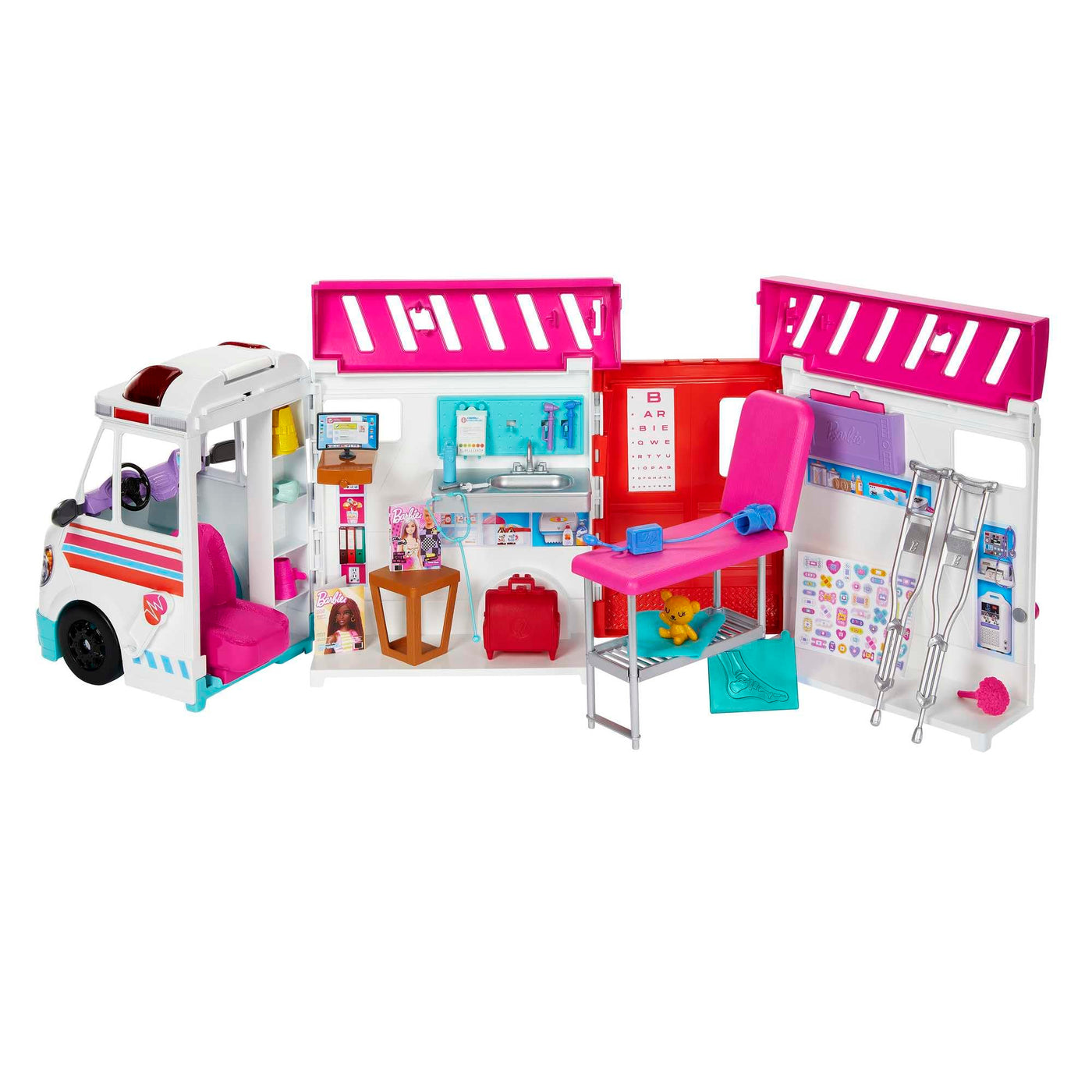 Barbie 2-in-1-Krankenwagen Spielset, Rettungswagen mit Lichtern und Geräuschen, umwandelbar in Pflegeklinik, 20 Puppenzubehör, Spielzeug ab 3 Jahren, HKT79