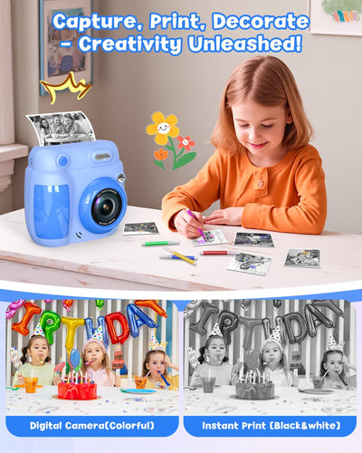 Gofunly Sofortbildkamera Kinder, 2.4 Zoll Bildschirm Kinderkamera Sofortbildkamera mit 32GB Karte & Druckpapier, Kamera Kinder Sofortdruck HD 1080P, Camera mit Fotos Drucken Geschenk für 3-12 Jahre