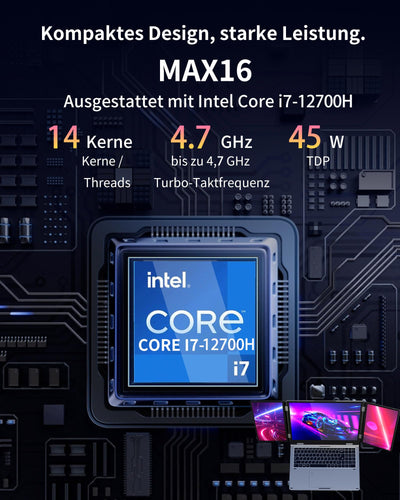 Laptop mit 3 Bildschirmen, 16" Hauptdisplay + 2x10,5", i7-12700H, 32GB RAM, 2TB SSD, Win 11 Pro, Wi-Fi 6, BT 5.2, Gesicht-/Fingerabdruck, deutsches QWERTZ-Layout, USB-C, HDMI