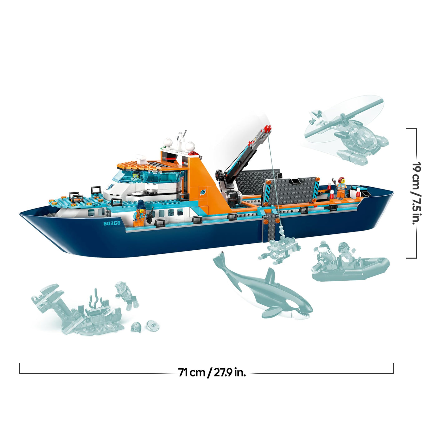 LEGO City Arktis-Forschungsschiff, großes schwimmfähiges Spielzeug-Boot mit Hubschrauber, Beiboot, ROV-U-Boot, Wikingerschiffswrack, 7 Minifiguren & Orca-Figur, Geschenk für Kinder ab 7 Jahren 60368
