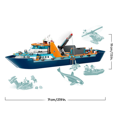 LEGO City Arktis-Forschungsschiff, großes schwimmfähiges Spielzeug-Boot mit Hubschrauber, Beiboot, ROV-U-Boot, Wikingerschiffswrack, 7 Minifiguren & Orca-Figur, Geschenk für Kinder ab 7 Jahren 60368