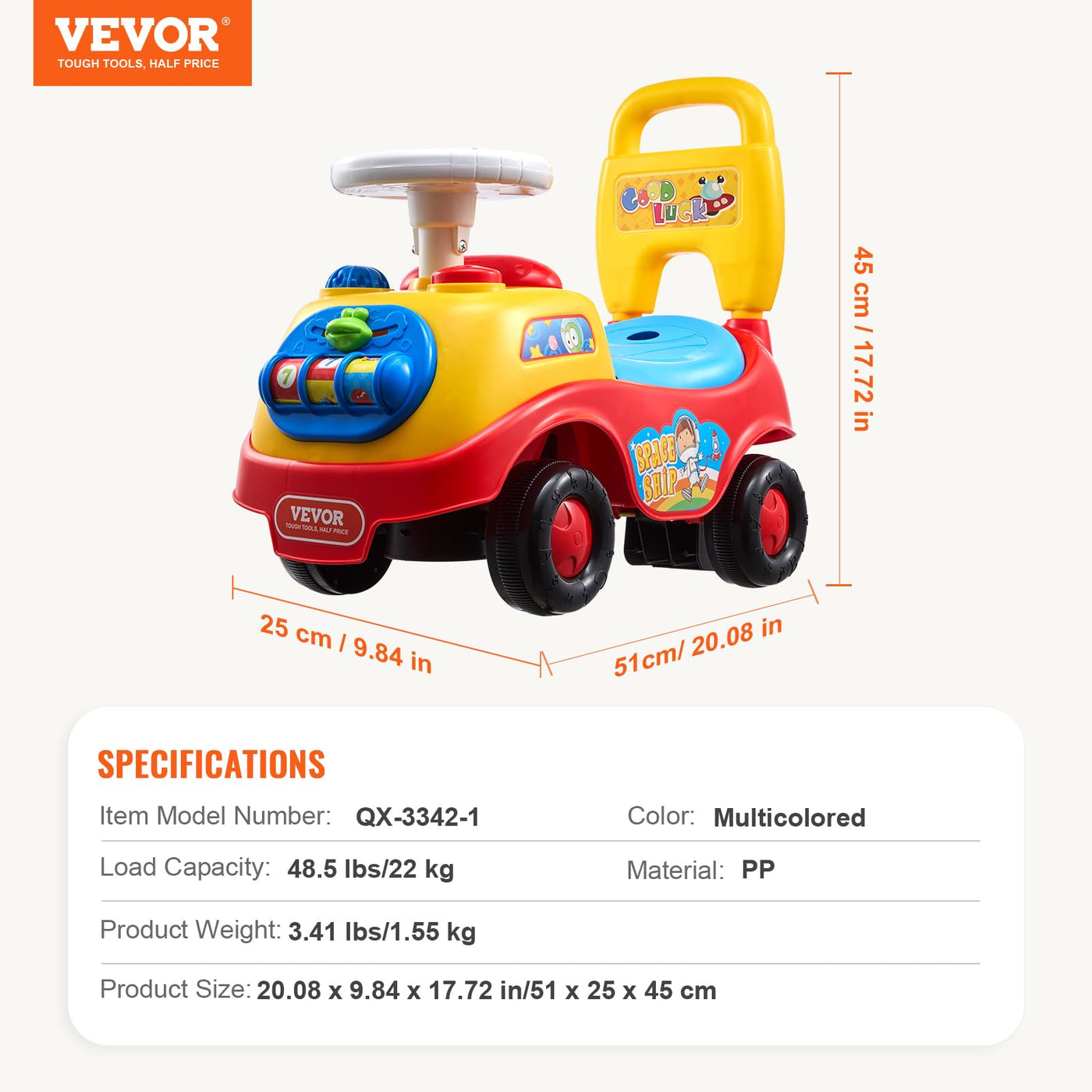VEVOR Rutschauto, 51 x 25 x 45 cm Rutscher Kinderfahrzeug für Kleinkinder von 1 bis 3 Jahren, Kinderauto mit Musiklenkrad, Hupe und Stauraum unter dem Sitz, Lauflernhilfe zum Sitzen und Stehen