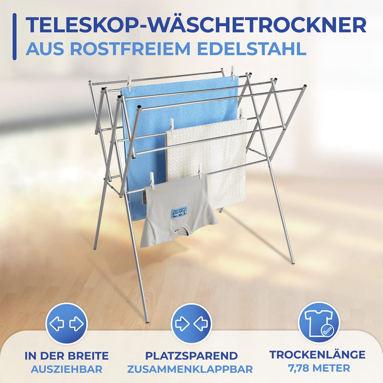 Maximex Teleskop-Wäschetrockner Edelstahl, rostfrei, von 54 bis 92cm ausziehbar, die Gesamttrockenlänge beträgt 7,78 m, standfeste Ausführung, aus rostfreiem Edelstahl