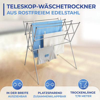 Maximex Teleskop-Wäschetrockner Edelstahl, rostfrei, von 54 bis 92cm ausziehbar, die Gesamttrockenlänge beträgt 7,78 m, standfeste Ausführung, aus rostfreiem Edelstahl