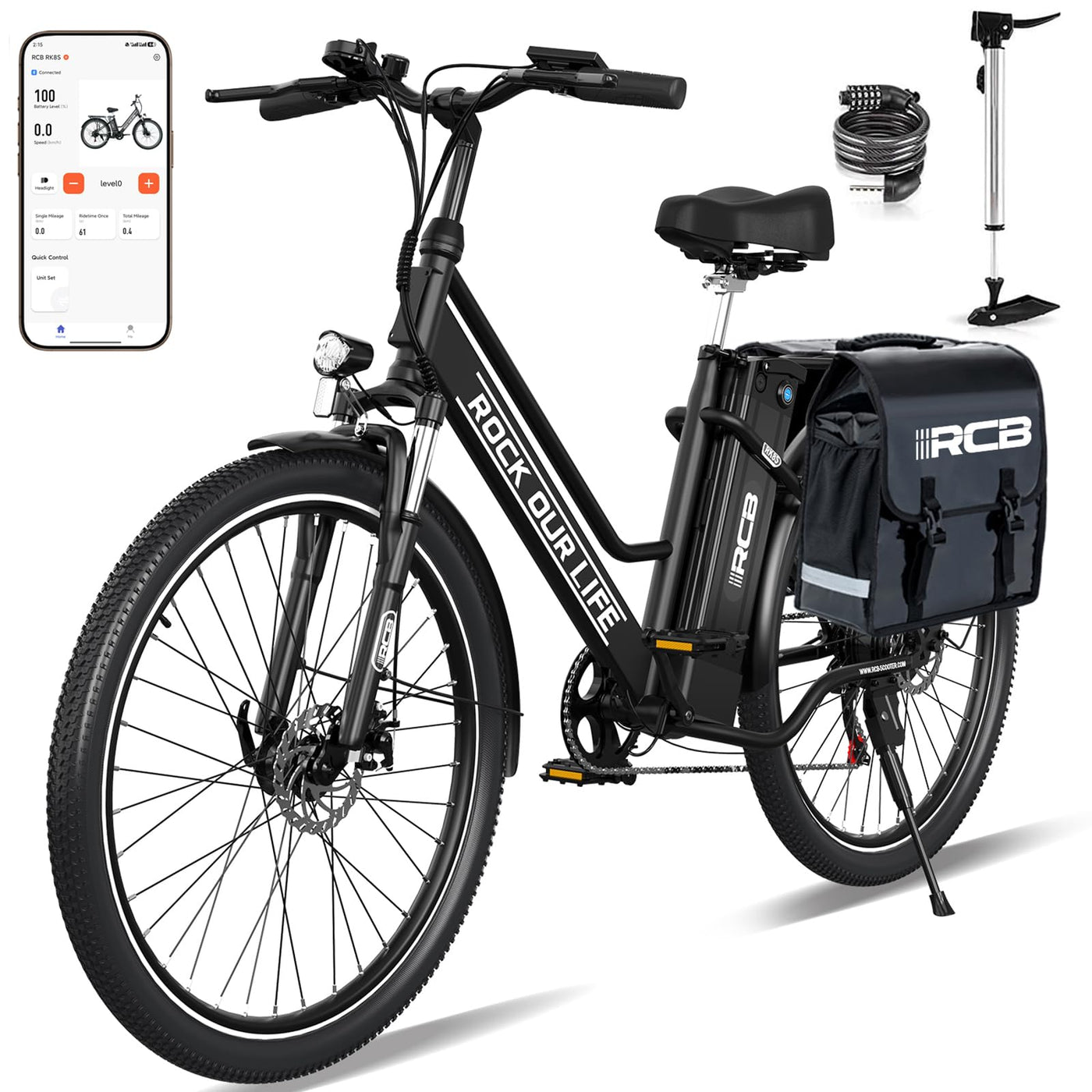 RCB 26" E Bike, 250W Motor, 7 Gang, Reichweite 35-90 km, City Ebike,Doppelscheibenbremsen, Elektro-Mountainbike mit Wasserdichter Fahrradtasche