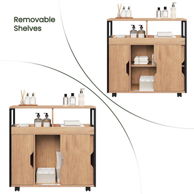EUGAD Badezimmerschrank, Nischenschrank schmal, Badschrank mit 2 offenen Fächern, Verstellbarer Ablage, Schiebetüren, Nischenregal mit Rollen, 70x70x20 cm, schwarz helle Eiche