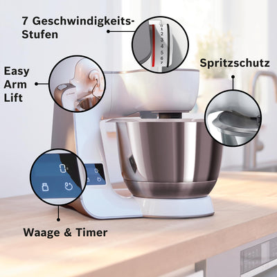 Bosch Küchenmaschine Serie 4 MUM5XW20, Edelstahl-Schüssel 3,9 L, integrierte Waage, Mixer 1,25 L, Profi-Knethaken, Schnee-, Silikonbesen, Durchlaufschnitzler, 4 Scheiben, 1000 W, Weiß/Silber