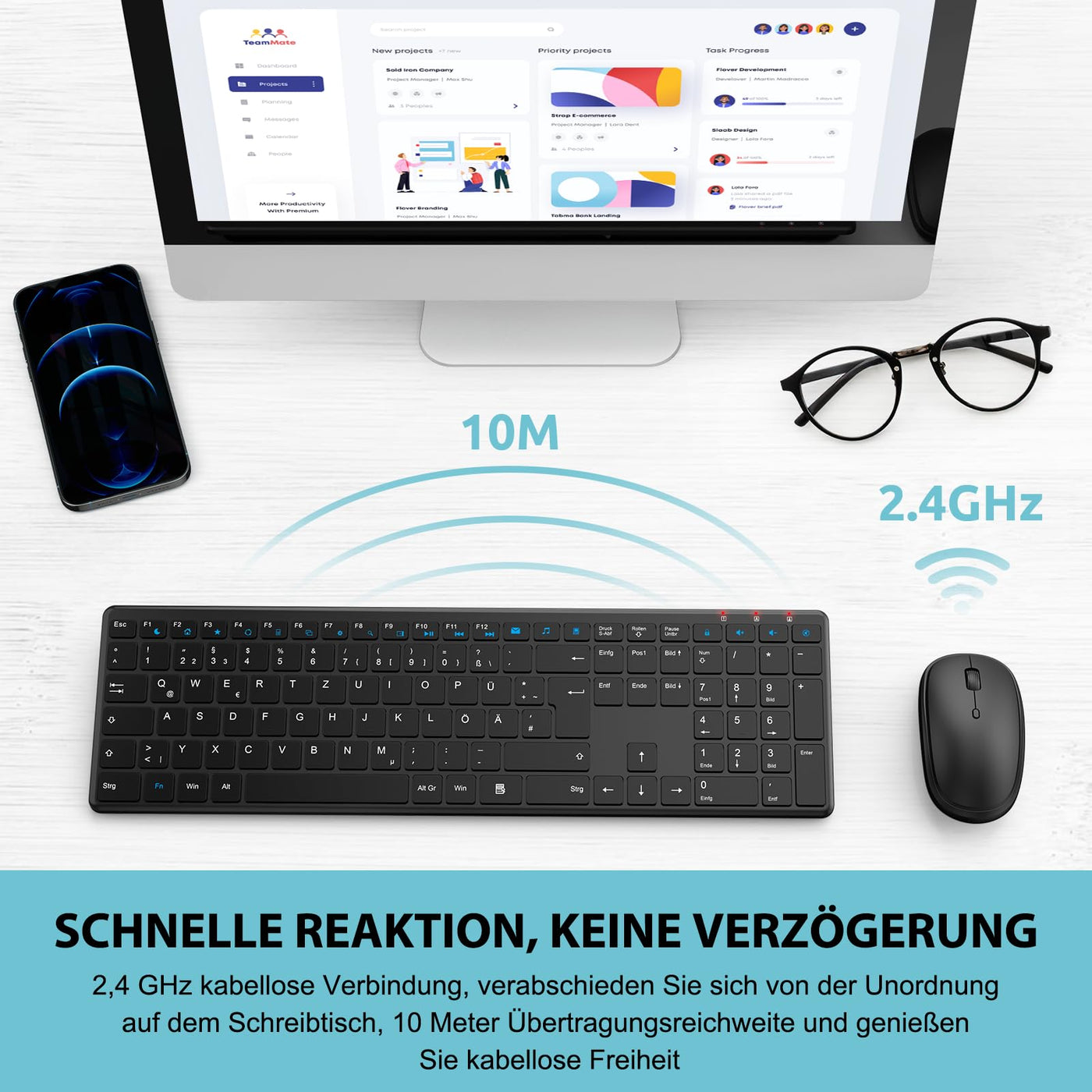 Tastatur Maus Set Kabellos, SABLUTE 2,4GHz UltraDünn Leise Kabellose Tastatur und Maus, Ergonomisch Funktastatur in Voller Größe mit 19 Sondertasten und einen Nummernblock, für PC, Laptop, Windows