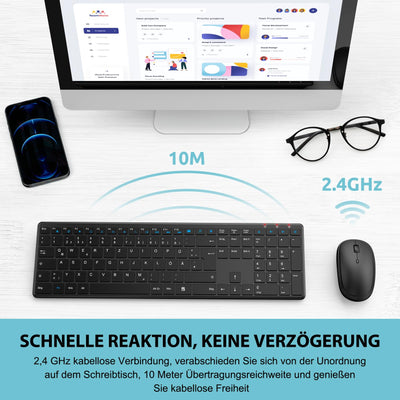 Tastatur Maus Set Kabellos, SABLUTE 2,4GHz UltraDünn Leise Kabellose Tastatur und Maus, Ergonomisch Funktastatur in Voller Größe mit 19 Sondertasten und einen Nummernblock, für PC, Laptop, Windows