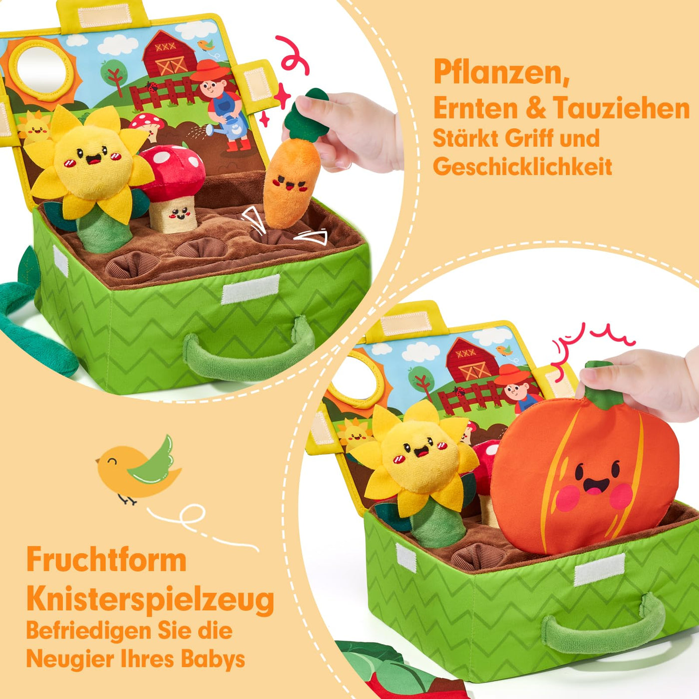 hahaland Montessori Spielzeug Baby - Obst und Gemüse Garten Plüschtier-Set, Motorik Baby Spielzeug 6 Monate mit Rasseln Spiegel Tragbarer Box,Weihnachts Geschenk für Spielzeug ab 6 7 8 9 10 12 Monate