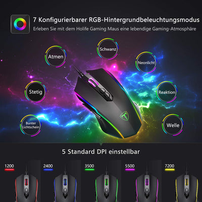 RGB Gaming Maus,Vollion Gamer Maus mit 8 Programmierbare Tasten 7200DPI/RGB-Beleuchtung/Anpassbare Spielprofile,USB-Wired mit ergonomisches Design für MMO, MOBA oder FPS Games für PC/Mac